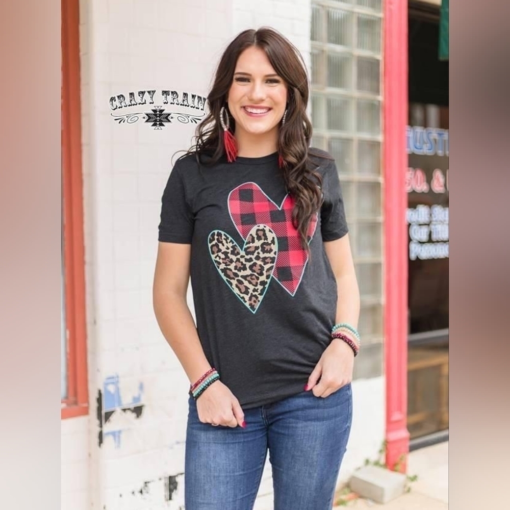 Crazy Train Leopard Print Red Plaid Hearts Gray Short Sleeve Tee Size Medium